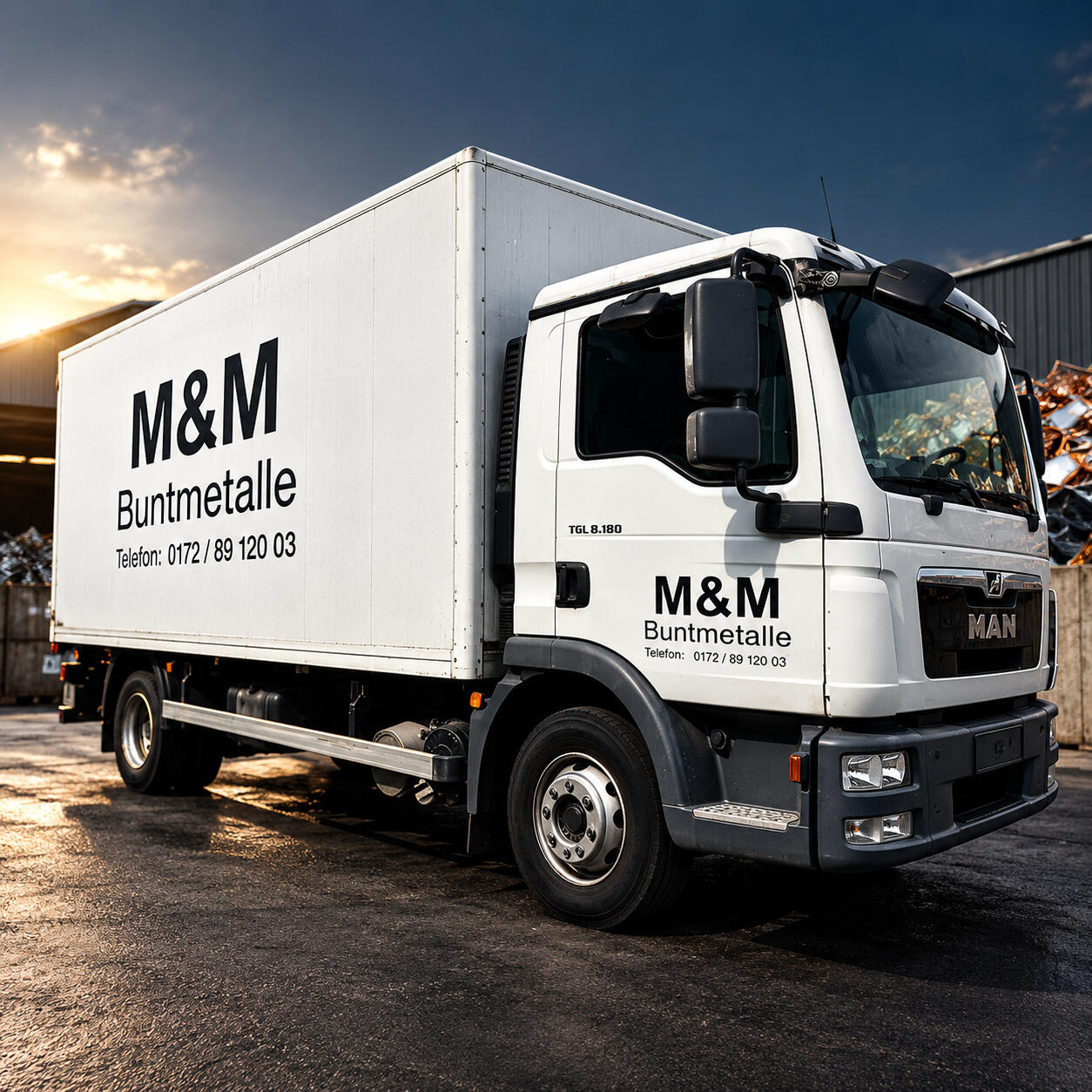 Weißer MAN-Lkw im Schrottplatz